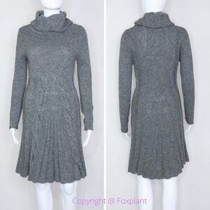 Max Studio wool blend cowl‎ neck cable knit grey pleated sweater dress, size S